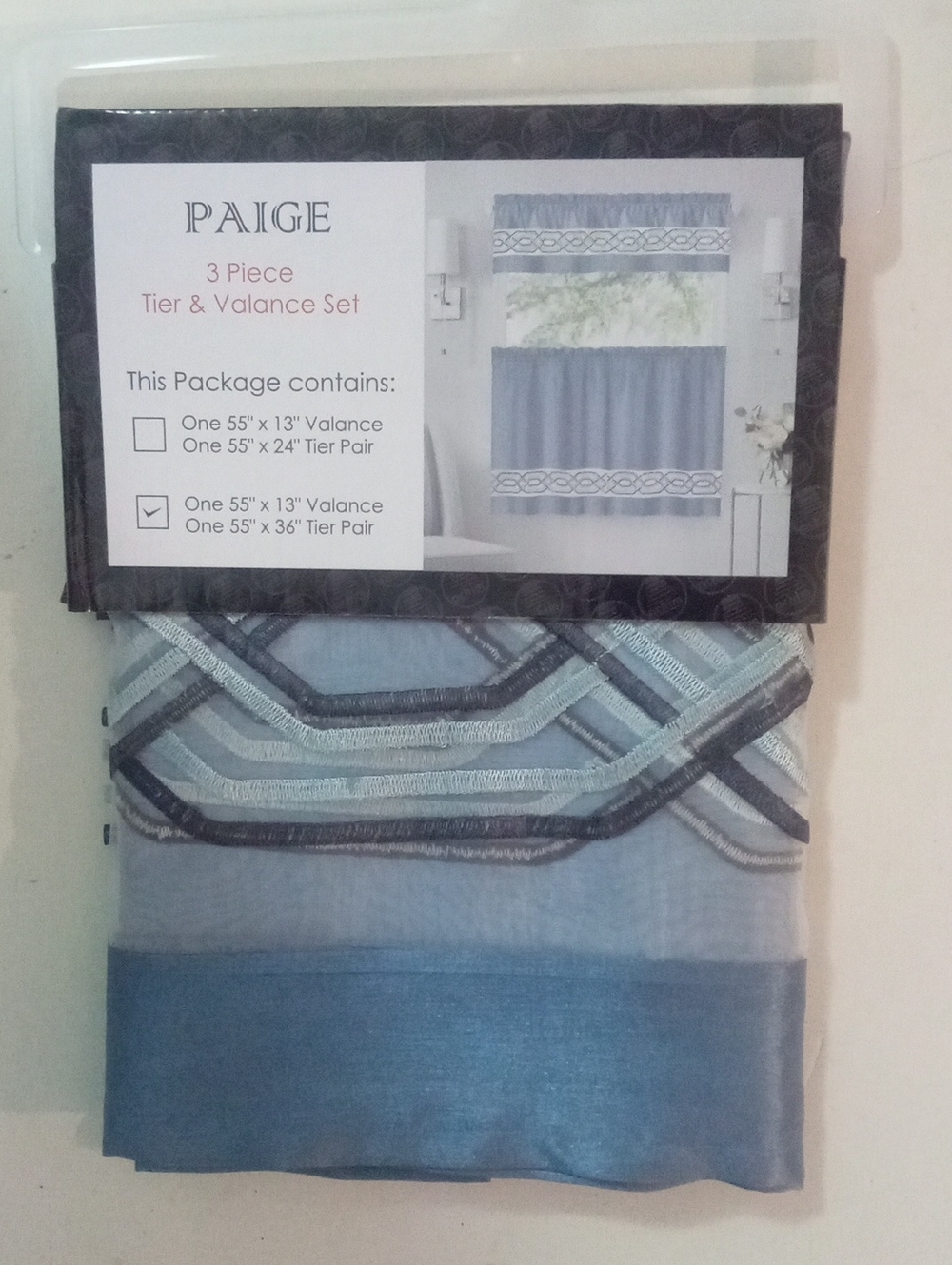 PAIGE Light Blue Tier & Valance Set with Geometric Trim NWT $60 3 Piece Set